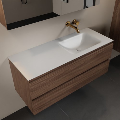 AIVY 120cm badmeubel Mocha, wastafel Talc solid surface rechts zonder kraangat met Spiegelkast