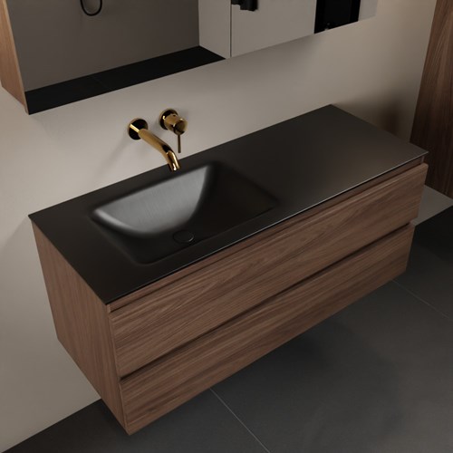 AIVY 120cm badmeubel Mocha, wastafel Urban solid surface links zonder kraangat met Spiegelkast