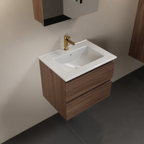 AIVY 60cm badmeubel Mocha, wastafel glanzend wit keramiek midden 1 kraangat met Spiegelkast