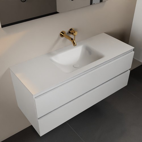 AIVY 120cm badmeubel Talc, wastafel Talc solid surface midden zonder kraangat met Spiegel