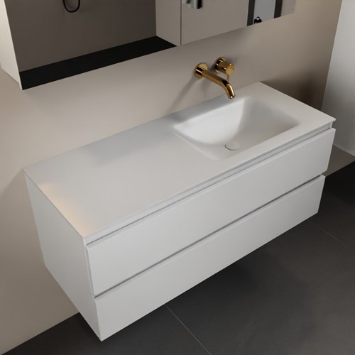 AIVY 120cm badmeubel Talc, wastafel Talc solid surface rechts zonder kraangat met Spiegelkast