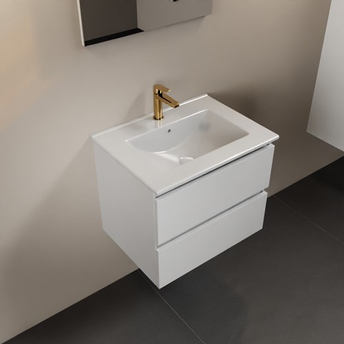 AIVY 60cm badmeubel Talc, wastafel glanzend wit keramiek midden 1 kraangat met Spiegel