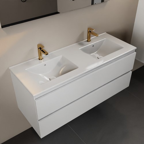 AIVY 120cm badmeubel Talc, wastafel glanzend wit keramiek dubbel 2 kraangaten met Spiegel