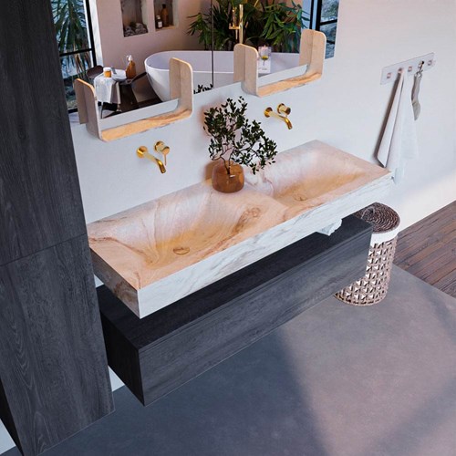 ALAN-DLUX 130cm badmeubel onderkast Antracite 1 lade. Vrijhangende wastafel CLOUD dubbel zonder kraangat, kleur Frappe.