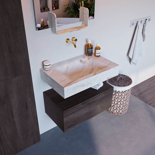 ALAN-DLUX 70cm badmeubel onderkast Dark Brown 1 lade. Vrijhangende wastafel CLOUD midden zonder kraangat, kleur Frappe.