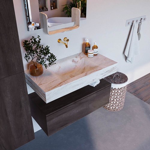 ALAN-DLUX 90cm badmeubel onderkast Dark Brown 1 lade. Vrijhangende wastafel CLOUD midden zonder kraangat, kleur Frappe.