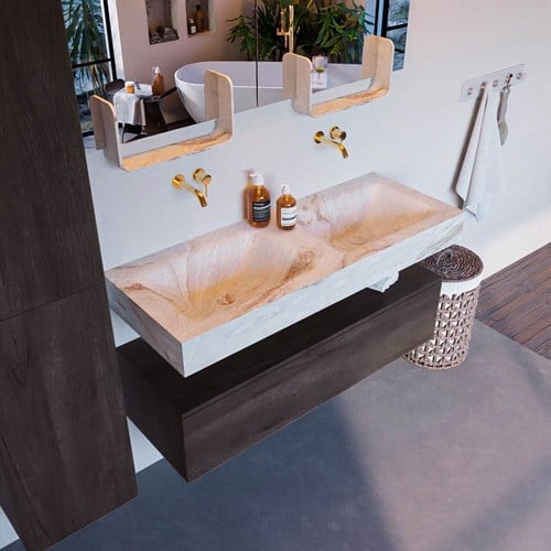 ALAN-DLUX 120cm badmeubel onderkast Dark Brown 1 lade. Vrijhangende wastafel CLOUD dubbel zonder kraangat, kleur Frappe.