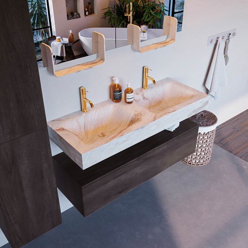 ALAN-DLUX 120cm badmeubel onderkast Dark Brown 1 lade. Vrijhangende wastafel CLOUD dubbel 2 kraangaten, kleur Frappe.