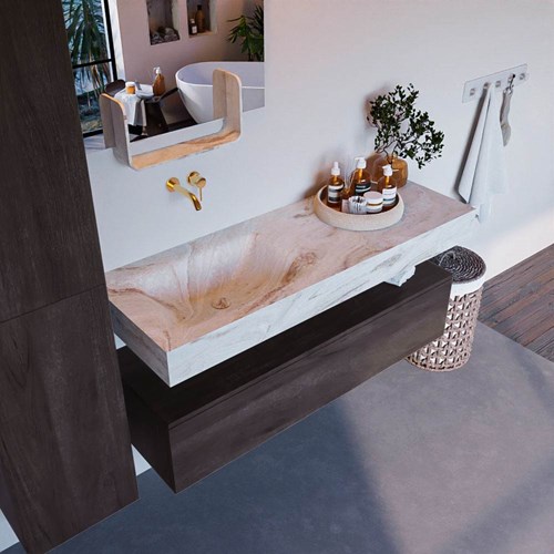 ALAN-DLUX 130cm badmeubel onderkast Dark Brown 1 lade. Vrijhangende wastafel CLOUD links zonder kraangat, kleur Frappe.