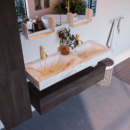 ALAN-DLUX 130cm badmeubel onderkast Dark Brown 1 lade. Vrijhangende wastafel CLOUD dubbel 2 kraangaten, kleur Frappe.