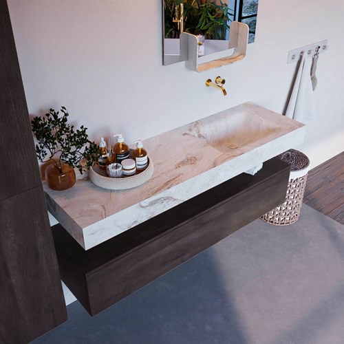 ALAN-DLUX 150cm badmeubel onderkast Dark Brown 1 lade. Vrijhangende wastafel CLOUD rechts zonder kraangat, kleur Frappe.