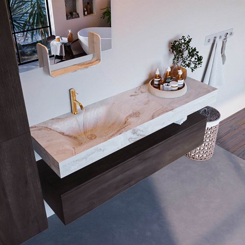 ALAN-DLUX 150cm badmeubel onderkast Dark Brown 1 lade. Vrijhangende wastafel CLOUD links 1 kraangat, kleur Frappe.