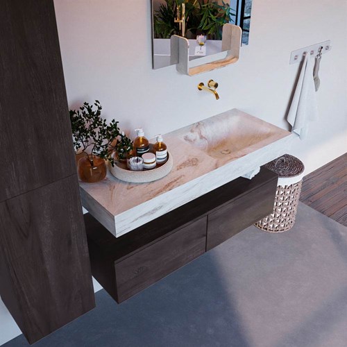 ALAN-DLUX 120cm badmeubel onderkast Dark Brown 2 lades. Vrijhangende wastafel CLOUD rechts zonder kraangat, kleur Frappe.