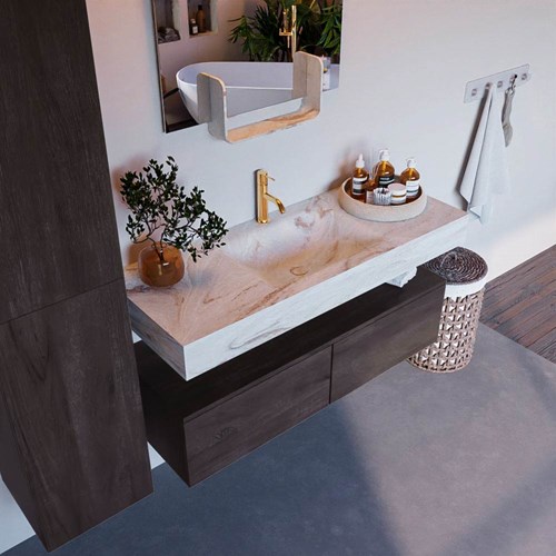 ALAN-DLUX 120cm badmeubel onderkast Dark Brown 2 lades. Vrijhangende wastafel CLOUD midden 1 kraangat, kleur Frappe.