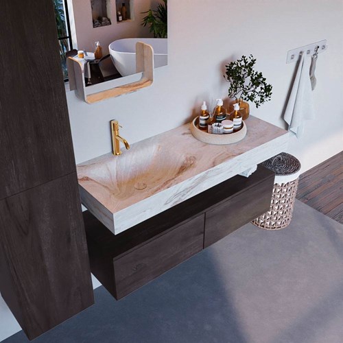 ALAN-DLUX 120cm badmeubel onderkast Dark Brown 2 lades. Vrijhangende wastafel CLOUD links 1 kraangat, kleur Frappe.