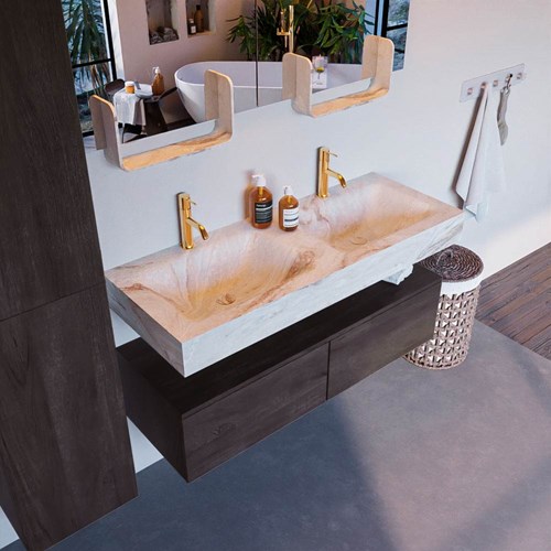 ALAN-DLUX 120cm badmeubel onderkast Dark Brown 2 lades. Vrijhangende wastafel CLOUD dubbel 2 kraangaten, kleur Frappe.