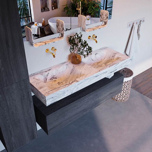 ALAN-DLUX 130cm badmeubel onderkast Antracite 1 lade. Vrijhangende wastafel CLOUD dubbel zonder kraangat, kleur Glace.