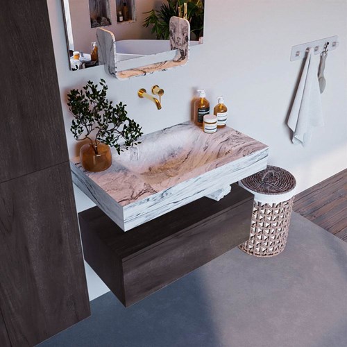 ALAN-DLUX 80cm badmeubel onderkast Dark Brown 1 lade. Vrijhangende wastafel CLOUD midden zonder kraangat, kleur Glace.