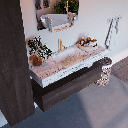 ALAN-DLUX 120cm badmeubel onderkast Dark Brown 1 lade. Vrijhangende wastafel CLOUD midden 1 kraangat, kleur Glace.