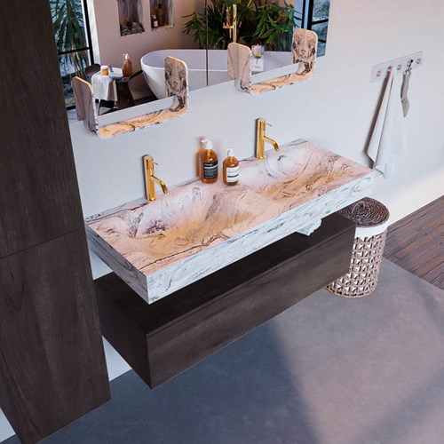 ALAN-DLUX 120cm badmeubel onderkast Dark Brown 1 lade. Vrijhangende wastafel CLOUD dubbel 2 kraangaten, kleur Glace.