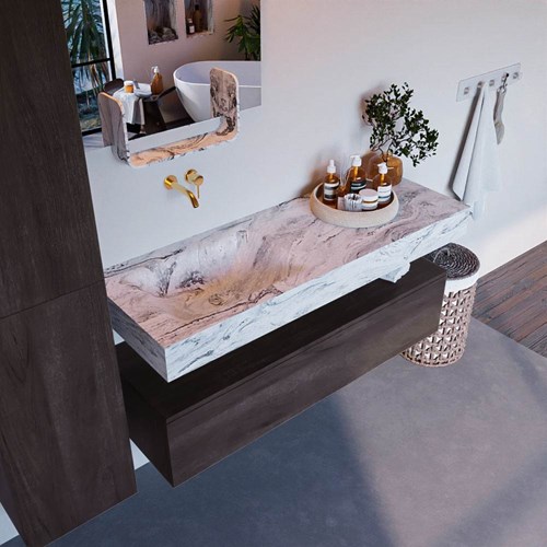 ALAN-DLUX 130cm badmeubel onderkast Dark Brown 1 lade. Vrijhangende wastafel CLOUD links zonder kraangat, kleur Glace.