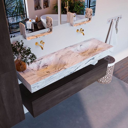 ALAN-DLUX 150cm badmeubel onderkast Dark Brown 1 lade. Vrijhangende wastafel CLOUD dubbel zonder kraangat, kleur Glace.
