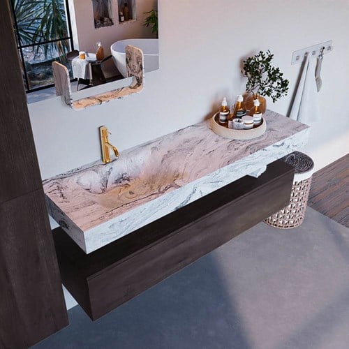 ALAN-DLUX 150cm badmeubel onderkast Dark Brown 1 lade. Vrijhangende wastafel CLOUD links 1 kraangat, kleur Glace.
