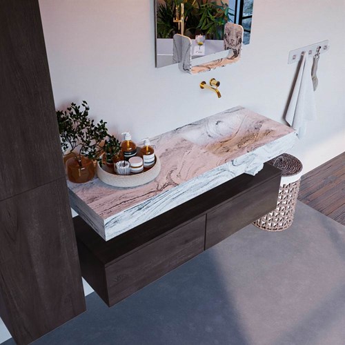 ALAN-DLUX 130cm badmeubel onderkast Dark Brown 2 lades. Vrijhangende wastafel CLOUD rechts zonder kraangat, kleur Glace.