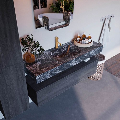 ALAN-DLUX 130cm badmeubel onderkast Antracite 1 lade. Vrijhangende wastafel CLOUD midden 1 kraangat, kleur Lava.