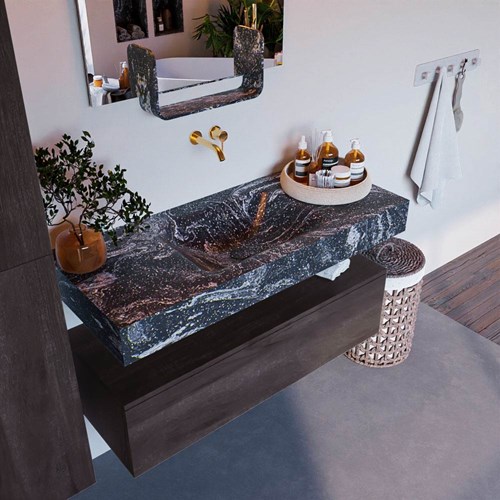 ALAN-DLUX 110cm badmeubel onderkast Dark Brown 1 lade. Vrijhangende wastafel CLOUD midden zonder kraangat, kleur Lava.