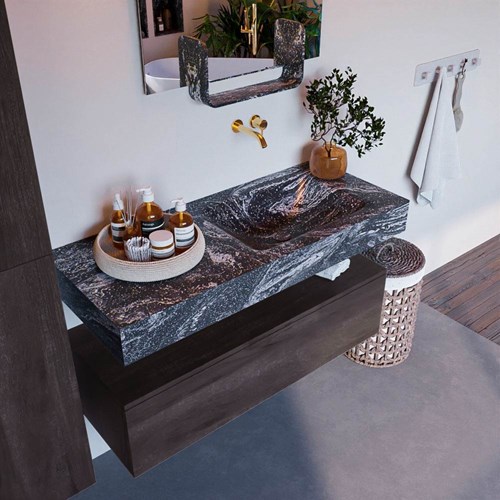 ALAN-DLUX 110cm badmeubel onderkast Dark Brown 1 lade. Vrijhangende wastafel CLOUD rechts zonder kraangat, kleur Lava.