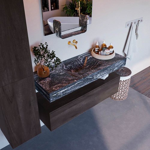 ALAN-DLUX 120cm badmeubel onderkast Dark Brown 1 lade. Vrijhangende wastafel CLOUD midden zonder kraangat, kleur Lava.
