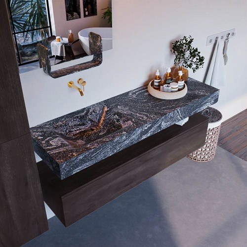 ALAN-DLUX 150cm badmeubel onderkast Dark Brown 1 lade. Vrijhangende wastafel CLOUD links zonder kraangat, kleur Lava.