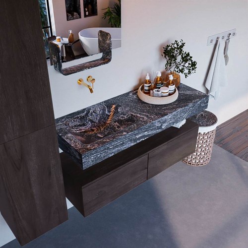 ALAN-DLUX 120cm badmeubel onderkast Dark Brown 2 lades. Vrijhangende wastafel CLOUD links zonder kraangat, kleur Lava.