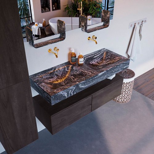 ALAN-DLUX 120cm badmeubel onderkast Dark Brown 2 lades. Vrijhangende wastafel CLOUD dubbel zonder kraangat, kleur Lava.
