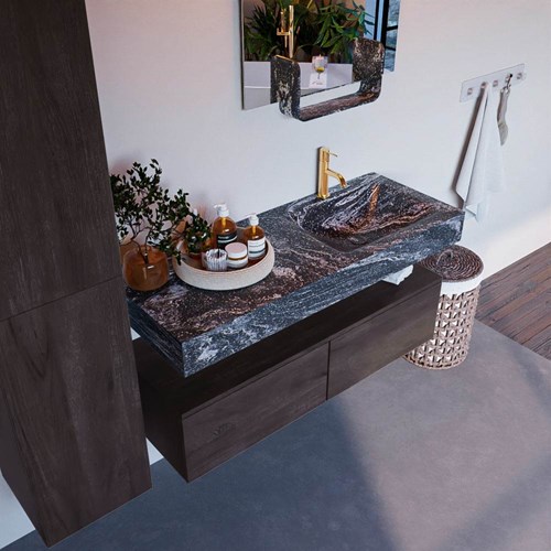 ALAN-DLUX 120cm badmeubel onderkast Dark Brown 2 lades. Vrijhangende wastafel CLOUD rechts 1 kraangat, kleur Lava.