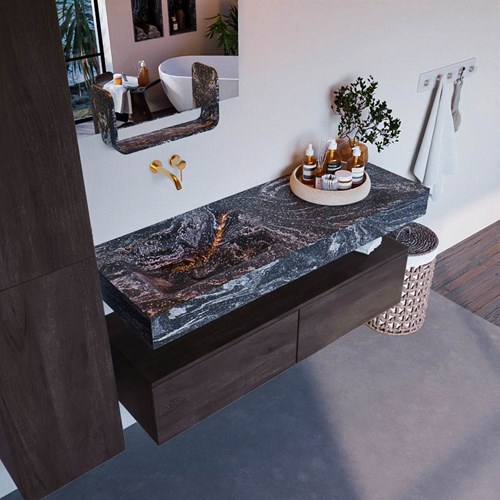 ALAN-DLUX 130cm badmeubel onderkast Dark Brown 2 lades. Vrijhangende wastafel CLOUD links zonder kraangat, kleur Lava.