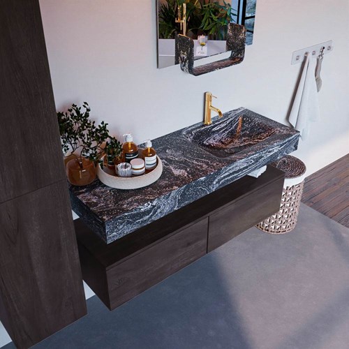 ALAN-DLUX 130cm badmeubel onderkast Dark Brown 2 lades. Vrijhangende wastafel CLOUD rechts 1 kraangat, kleur Lava.
