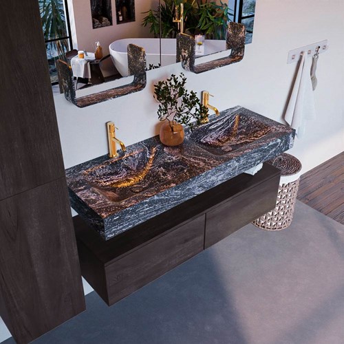 ALAN-DLUX 130cm badmeubel onderkast Dark Brown 2 lades. Vrijhangende wastafel CLOUD dubbel 2 kraangaten, kleur Lava.