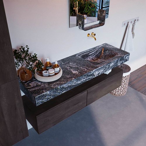 ALAN-DLUX 150cm badmeubel onderkast Dark Brown 2 lades. Vrijhangende wastafel CLOUD rechts zonder kraangat, kleur Lava.