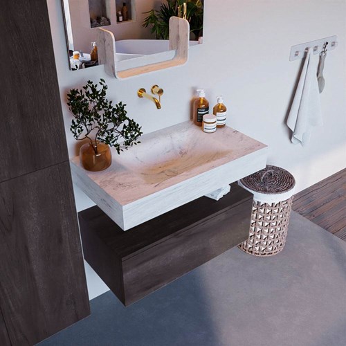 ALAN-DLUX 80cm badmeubel onderkast Dark Brown 1 lade. Vrijhangende wastafel CLOUD midden zonder kraangat, kleur Opalo.