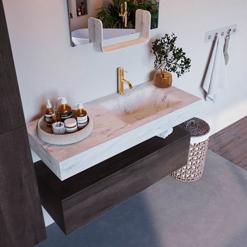 ALAN-DLUX 110cm badmeubel onderkast Dark Brown 1 lade. Vrijhangende wastafel CLOUD rechts 1 kraangat, kleur Opalo.