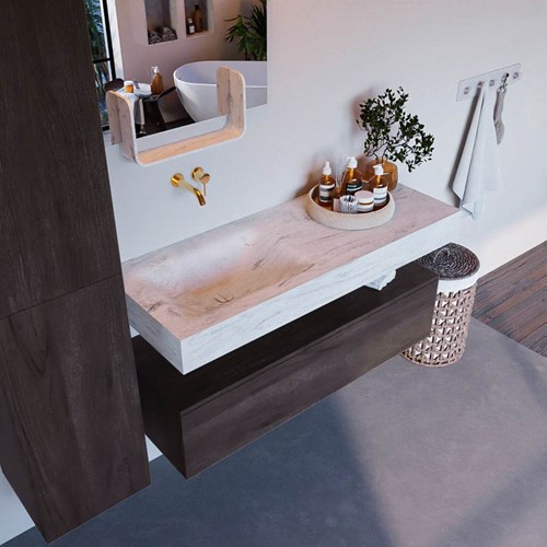 ALAN-DLUX 120cm badmeubel onderkast Dark Brown 1 lade. Vrijhangende wastafel CLOUD links zonder kraangat, kleur Opalo.