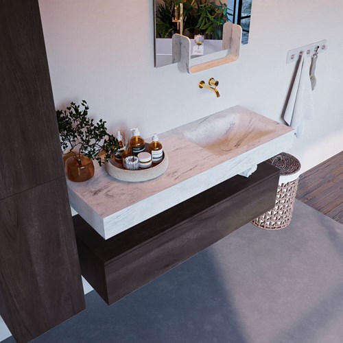 ALAN-DLUX 130cm badmeubel onderkast Dark Brown 1 lade. Vrijhangende wastafel CLOUD rechts zonder kraangat, kleur Opalo.