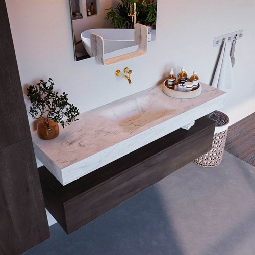 ALAN-DLUX 150cm badmeubel onderkast Dark Brown 1 lade. Vrijhangende wastafel CLOUD midden zonder kraangat, kleur Opalo.