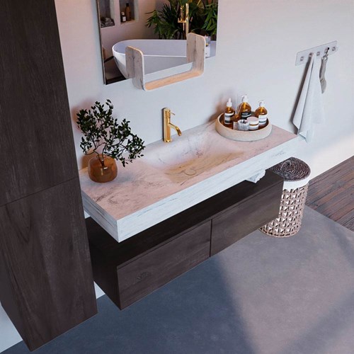 ALAN-DLUX 120cm badmeubel onderkast Dark Brown 2 lades. Vrijhangende wastafel CLOUD midden 1 kraangat, kleur Opalo.