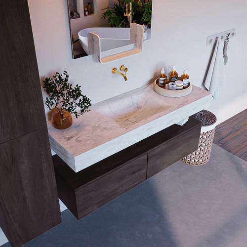 ALAN-DLUX 130cm badmeubel onderkast Dark Brown 2 lades. Vrijhangende wastafel CLOUD midden zonder kraangat, kleur Opalo.
