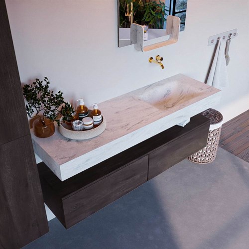 ALAN-DLUX 150cm badmeubel onderkast Dark Brown 2 lades. Vrijhangende wastafel CLOUD rechts zonder kraangat, kleur Opalo.