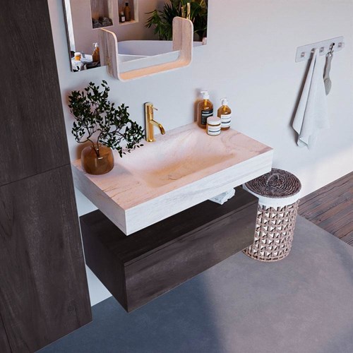 ALAN-DLUX 80cm badmeubel onderkast Dark Brown 1 lade. Vrijhangende wastafel CLOUD midden 1 kraangat, kleur Ostra.