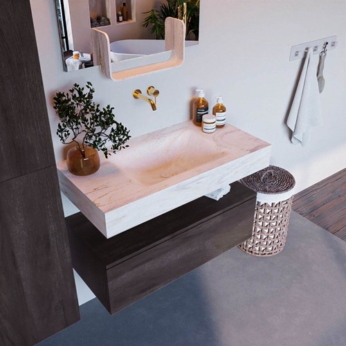 ALAN-DLUX 90cm badmeubel onderkast Dark Brown 1 lade. Vrijhangende wastafel CLOUD midden zonder kraangat, kleur Ostra.